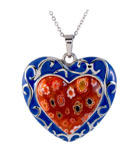 Blue Enamel and Millefiori Glass Heart Pendant